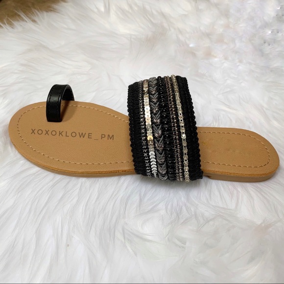 Black + Silver Boho Embellished Toe Ring Slide Sandal Size 5.5 & 6 - Picture 3 of 10